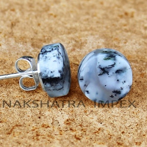 Dendrite Agate Round Flat Stud Earrings, Dendrite Opal Stone Disc Earring, White Stone Matching 925 Silver Studs, White opal Coin Stud Pair