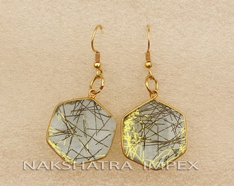 Goldene Rutilquarz Hydro Quarz Ohrringe. 925 Sterling Silber Ohrringe. Gold Rutil Ohrringe. Handmade Ohrring Geschenk für Jahrestag.