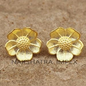 Silver Flower Earrings, Dainty Floral Studs, 18KT Gold Vermeil Post Earrings with Loop, Cute Hand Carved Jewelry Gifts, 925 Earring Supplies