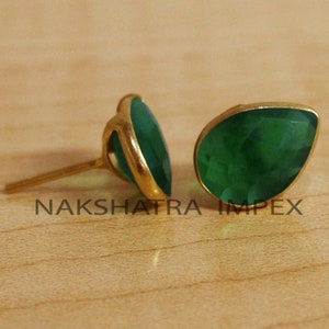 Green Onyx 9x12mm Pear Briolette 925 Sterling Silver Gold Plated Smooth Finish Studs Earring-Green Onyx Pear Earrings.Delicate Stud Earrings