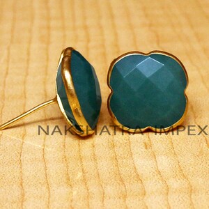 Natural Verde Aventurina Trébol Briolette 925 Plata de Ley Chapado en Oro Tachuelas Pendientes- Green Aventurine Real Gemstone Raw stone Jewellery