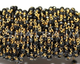 1 Fuß Schwarz Spinell 3-4 mm Roundel Facettiert Perlen vergoldet Draht Gewickelt Rosenkranz Kette