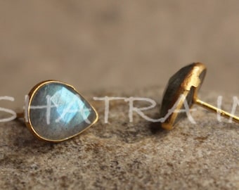 Natural Labradorite 9x12mm Pear Faceted 925 Sterling Silver Gold Plated Smooth Finish Stud Earring