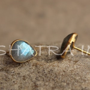 Natural Labradorite 9x12mm Pear Faceted 925 Sterling Silver Gold Plated Smooth Finish Stud Earring