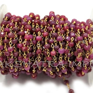 Natural Dyed Ruby 3-4mm Roundel Faceted Wire Wrapped Rosary Chain, Ruby Enhanced Beaded Vermeil Chain, Ruby Chalcedony(Jade) Rosary Per Foot