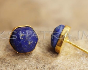 Natural Lapis Lazuli Hexagon Faceted 925 Sterling Silver Gold Plated Smooth Finish Stud Earring- Beautiful Mini Lapis Calibrated Set Tops
