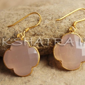 Rose Chalcedony Clover Briolette 925 Sterling Silver Gold Plated Earhook Earrings- Peach Quartz Floral Ear Wire Light Weight Fashion Jewelry