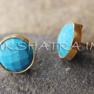 Natural Ocean Stabilized Color Turquoise Round Flat 925 Sterling Silver Gold Plated Studs Earrings