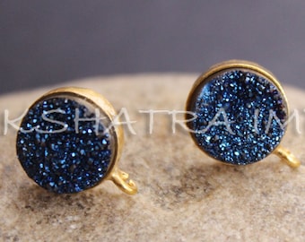 On Sale| Natural Druzy Agate Blue Color Coated Round Cabochon 925 Sterling Silver Stud Earring With Loops, Rainbow Titanium Aura Druzy Tops