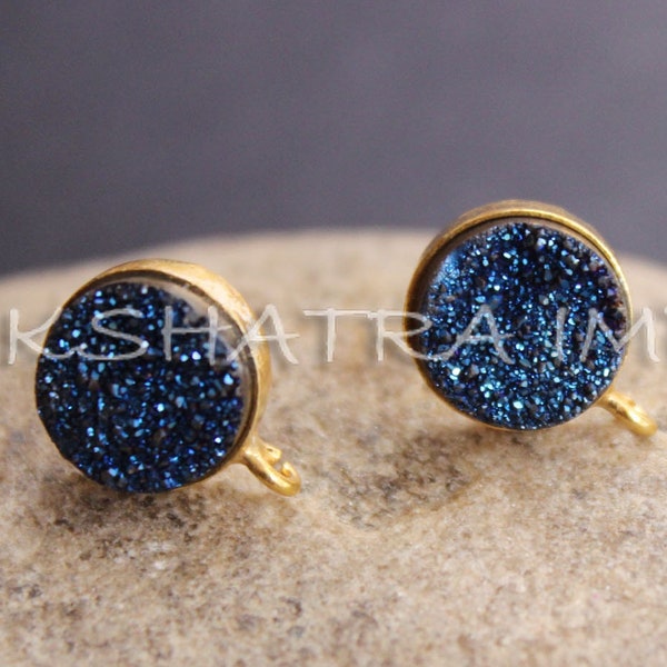 On Sale| Natural Druzy Agate Blue Color Coated Round Cabochon 925 Sterling Silver Stud Earring With Loops, Rainbow Titanium Aura Druzy Tops