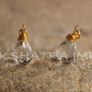 Natural Crystal Quartz Drops Briolette 925 Sterling Silver Gold Plated Wire Wrapped Pendant- Clear Quartz Gemstone X-Mas Bells Shaped Charms