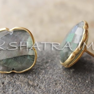 Natural Labradorite Clover Briolette 925 Sterling Silver Gold Plated Studs Earrings- Bluish Flash Dragon's Heart Gemstone Flower Shaped Stud