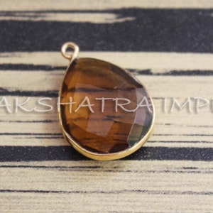 Natural Smokey Quartz 16x20mm Pear Briollette 925 Sterling Silver Gold Plated Bezel Pendant