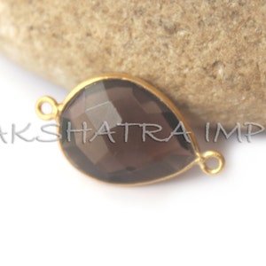 Smokey Quartz 12x16mm Pear Briolette 925 Sterling Silver Gold Plated Bezel Connector
