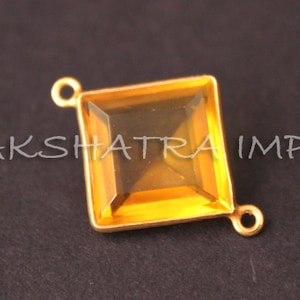 Citrine Quartz 14x14mm Square Faceted 925 Sterling Silver Gold Plated Bezel Connector