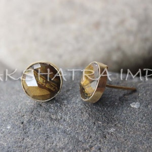 Natural Tiger Eye 12mm Round Briolette 925 Sterling Silver Gold Plated Studs Earrings