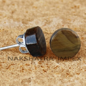 Tiger Eye Stud Earrings, Natural Tiger Printed Earring Set, Genuine Gemstone Round Flat Mens Earring, Tiny Post Earrings Women Handmade Gift