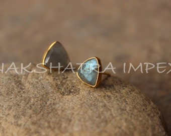 Natural Labradorite 8mm Triangle Faceted 925 Sterling Silver Gold Plated Smooth Finish  Stud Earring