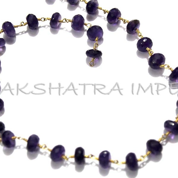 1 Foot Amethyst 6mm Roundel Faceted Beaded Gold Plated Rosary Chain