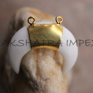 White Agate Crescent Moon Shape Smooth 925 Sterling Silver Gold Plated Bezel Pendant