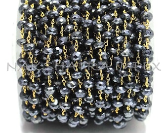1 Fuß schwarzer Spinell beschichtet 6mm Rondelle facettierten Perlen versilbert Golddraht umwickelt Rosenkranz Kette