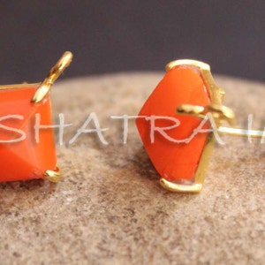 Orange Stabilized Coral 10mm Pyramid Faceted 925 Sterling Silver Gold Plated Prong Setting Stud Earring With Loops.