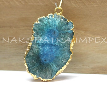 Natural Apatite Color Solar Quartz Slice Druzy Free Form Gold Electroplated Gemstone Pendant
