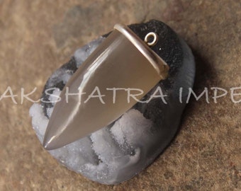 Gray Chalcedony 15x30mm Horn Smooth 925 Sterling Silver Plated Bezel Connector
