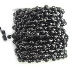 1 Foot Black Spinel  6mm Roundel Faceted Beaded Black Rodium Plated Wire Wrapped Rosary Chain