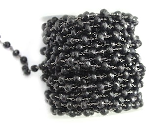 1 Foot Black Spinel  6mm Roundel Faceted Beaded Black Rodium Plated Wire Wrapped Rosary Chain
