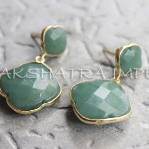 Natural Green Aventurine 10mm & 18mm Clover Briolette 925 Sterling Silver Gold Plated Dangle Earrings