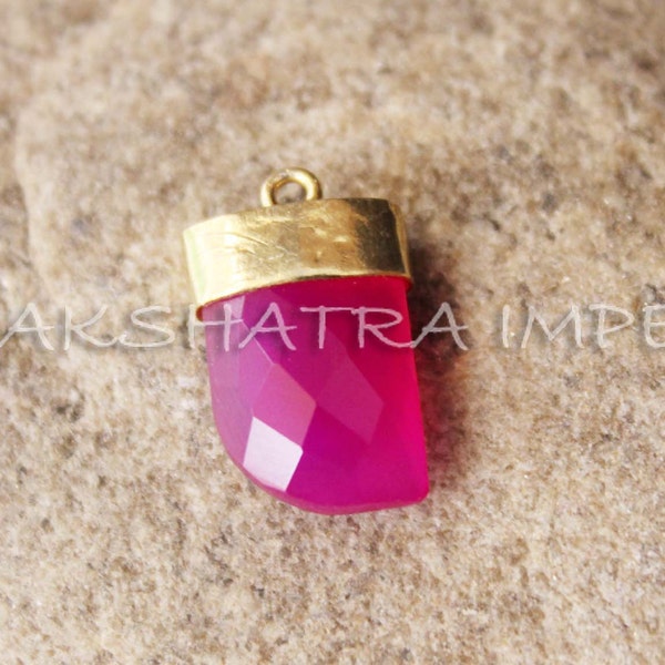 Fuchsia Pink Chalcedony 10x15mm Shark Tooth Shape Briolette 925 Sterling Silver Gold Plated Bezel Pendant