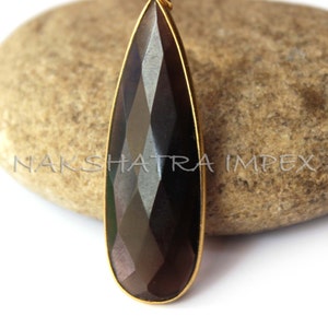 Smokey Quartz 16x45mm Long Pear Briolette 925 Sterling Silver Gold Plated Bezel Pendant