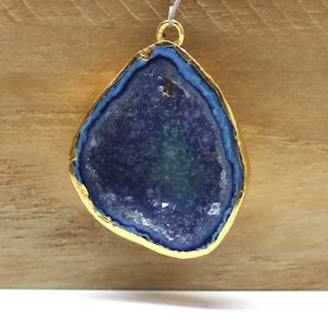 Natural Ink Blue Color Geode Agate Druzy Free Form Gold Electroplated Gemstone Pendant