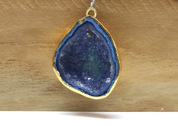 Natural Ink Blue Color Geode Agate Druzy Free Form Gold Electroplated Gemstone Pendant