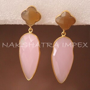 Gray Chalcedony Clover & Pink Quartz Arrowhead Briolette 925 Sterling Silver Gold Plated Post Earrings