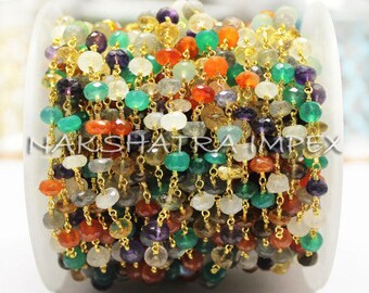 1 Foot Mix Stone 7-8mm Roundel Faceted Beaded Gold Plated Wire Wrapped Rosary Chain