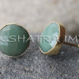 Natural Green Aventurine 12mm Round Briolette 925 Sterling Silver Gold Plated Studs Earrings