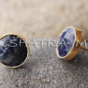 Natural Sodalite 12mm Round Briolette 925 Sterling Silver Gold Plate Studs Earrings