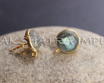 Natural Labradorite 10mm Round Faceted 925 Sterling Silver Gold Plated Smooth Finish Stud Earring With Loop