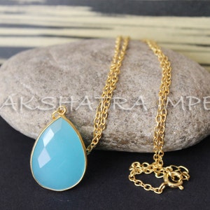 Sea Blue Quartz 18x22mm Pear Briolette Metal Alloy Gold Plated Bezel Chain Necklace