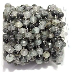 1 Foot Black Rutile 6mm Roundel Faceted Beaded Black Rodium Plated Wire Wrapped Rosary Chain