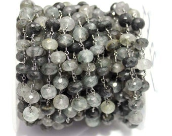 1 Foot Black Rutile 6mm Roundel Faceted Beaded Black Rodium Plated Wire Wrapped Rosary Chain