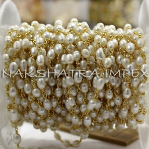 1 Foot Freshwater Pearl 3-5mm Rice Shape Smooth Gold Plated Wire Wrapped Rosary Chain