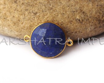 Briolette redondo de lápis-lazúli natural, prata esterlina 925, banhado a ouro, com conector de moldura