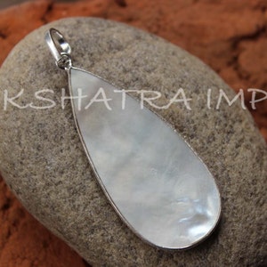 Mother Of Pearl 22x50mm Pear Smooth 925 Sterling Silver Plated Textured Bezel Pendant