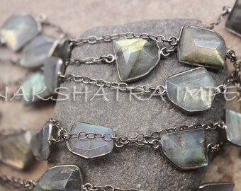 1 Foot Labradorite 11-15mm Free Form Slices Faceted Beaded Black Rhodium Plated Bezel Chain