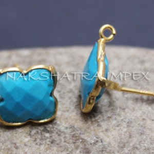 Natural Stabilized Turquoise Clover Briolette 925 Sterling Silver Gold Plated Smooth Finish Stud Earring With Loop | Jewelry Making Supplies