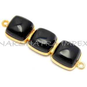 Black Onyx 10mm Cushion Square Cabochon 925 Sterling Silver Gold Plated Three Stone Bezel Connector