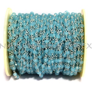 1 Foot Blue Chalcedony 3-4 mm Roundel Faceted Beaded  Silver Plated Wire Wrapped Rosary Chain.